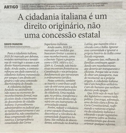 A cidadania italiana � um direito origin�rio, n�o uma concess�o estatal